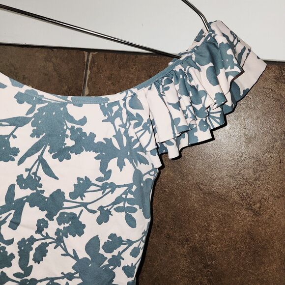 MAAJI "DUSK TIL DAWN" Sz M Floral Leaves Print Ruffle Shoulders Logo Swimsuit - Picture 3 of 7